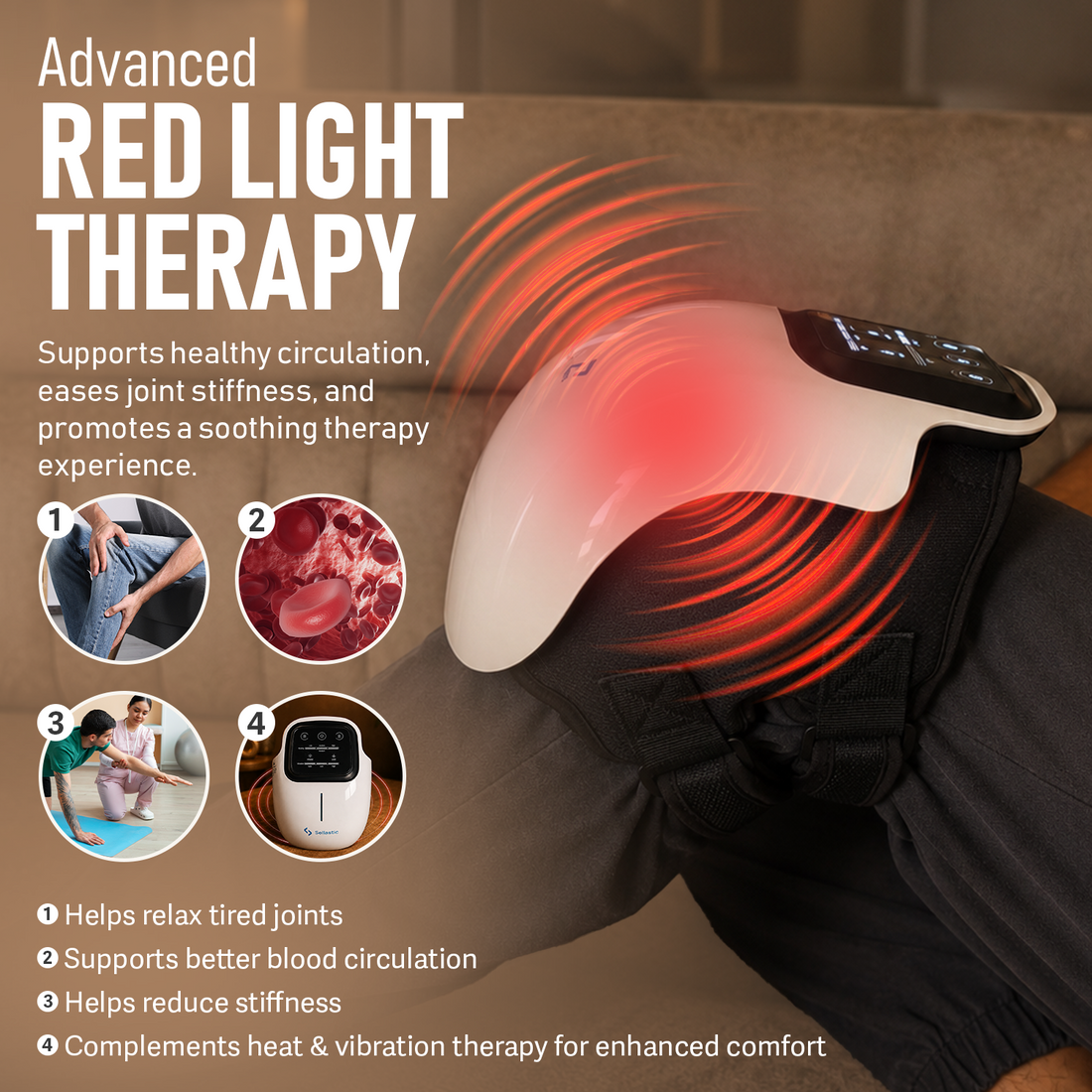 Red light therapy on Sellastic knee massager supporting blood circulation and easing joint stiffness