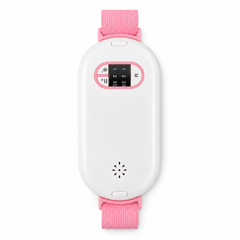 Sellastic period cramp relief massager with pink straps, showing heat and vibration mode control panel